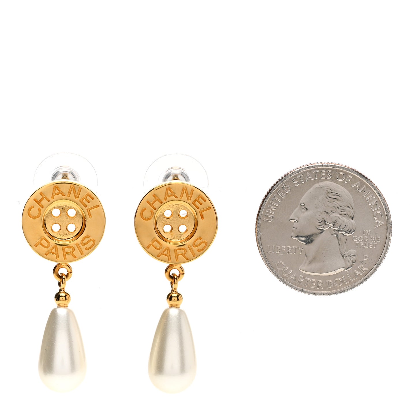 Metal Pearl Paris Button Drop Earrings Gold