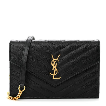 Saint Laurent Grain De Poudre Matelasse Chevron Monogram Envelope Chain Wallet Black 1 of 11