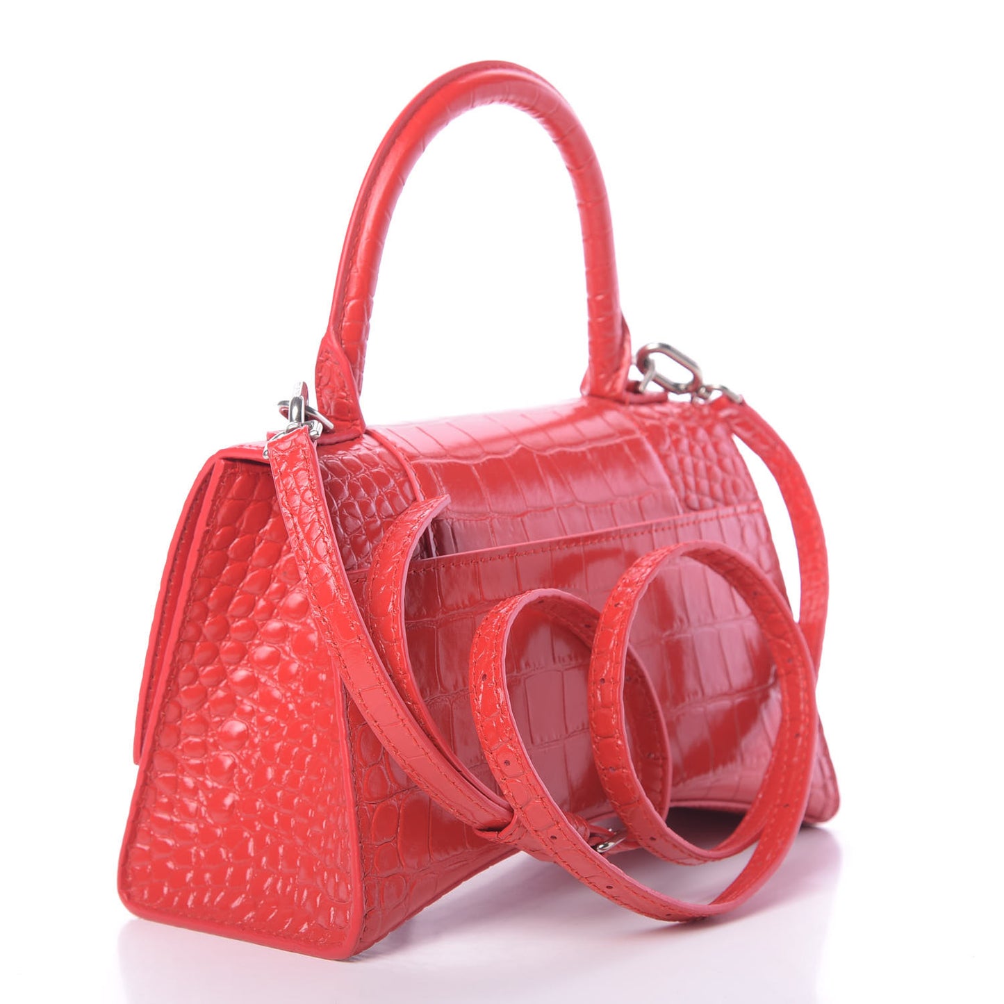 Shiny Calfskin Tonal B Crocodile Embossed Small Hourglass Top Handle Bag Bright Red