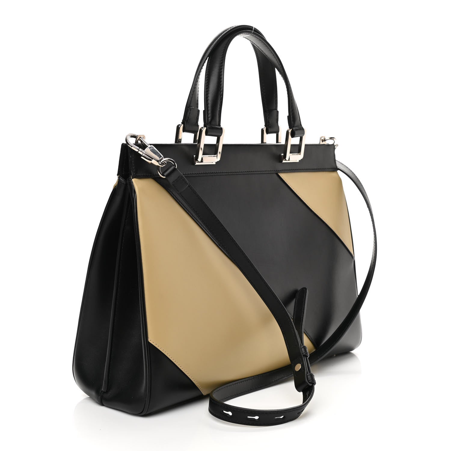 Gucci Smooth Calfskin Diagonal Striped Medium Zumi Top Handle Bag Black Beige 3 of 10