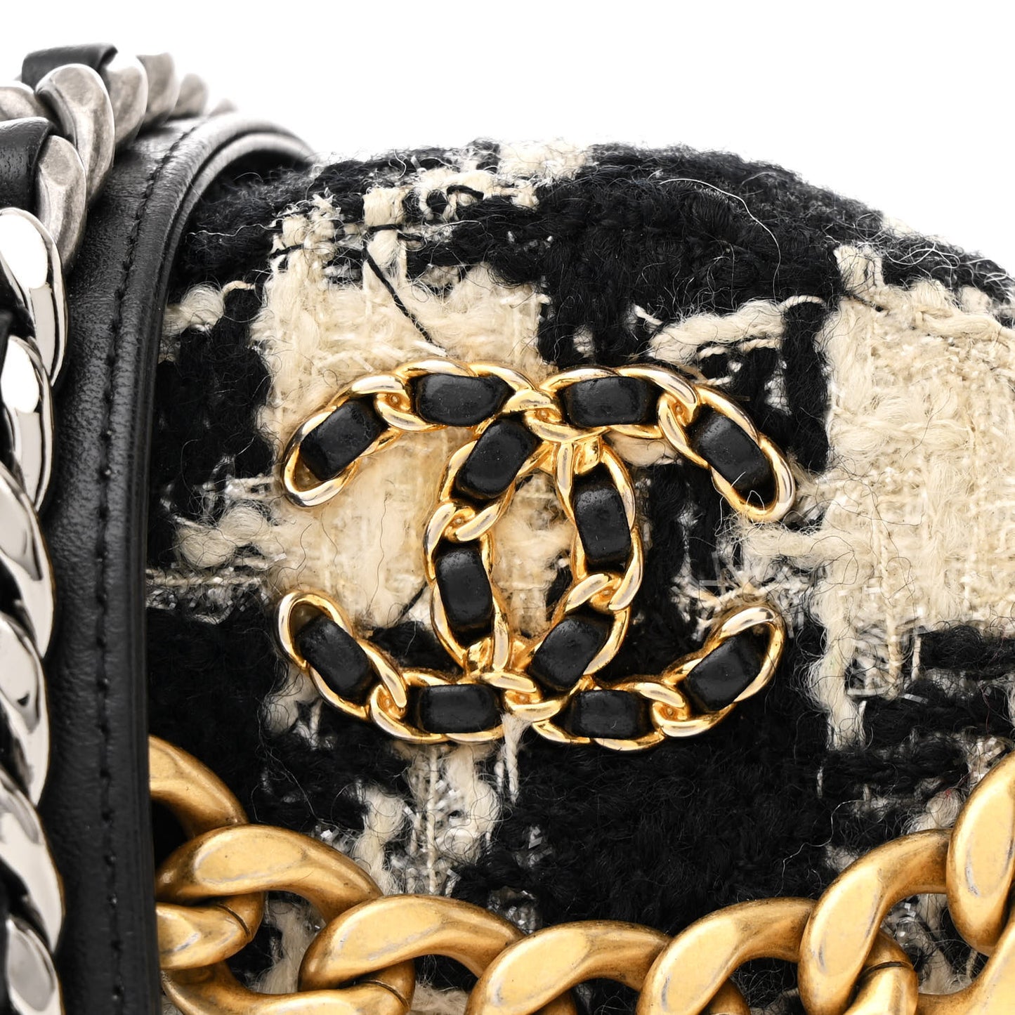 Wool Tweed Lambskin Quilted Chanel 19 Round Clutch With Chain and Coin Purse Black White