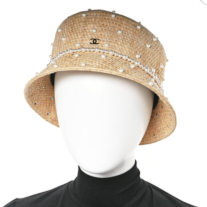 Chanel Straw Pearl Logo Bucket Hat L Beige 2 of 9
