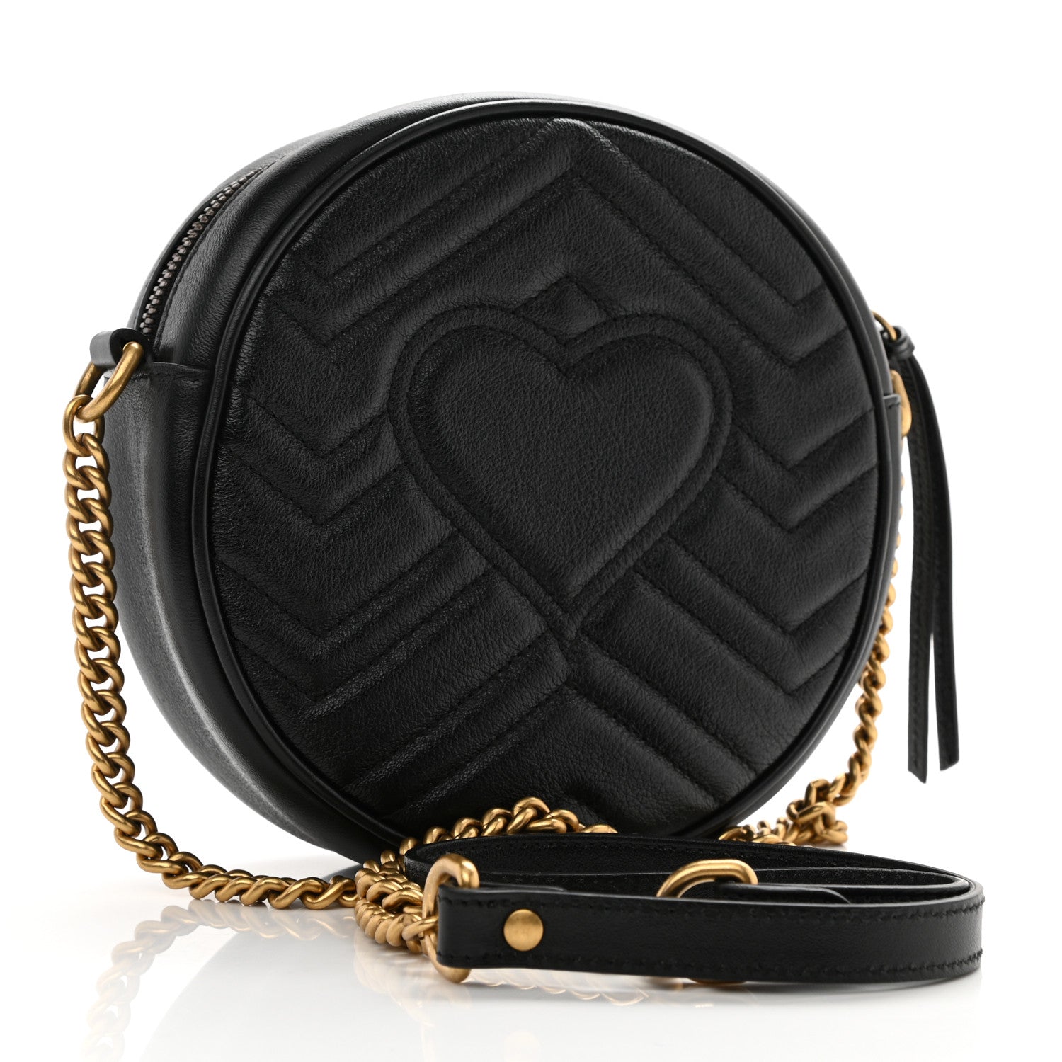 Gucci Azalea Calfskin Matelasse Heart Mini GG Marmont Round Shoulder Bag Black 2 of 7
