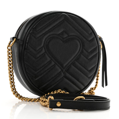 Gucci Azalea Calfskin Matelasse Heart Mini GG Marmont Round Shoulder Bag Black 2 of 7