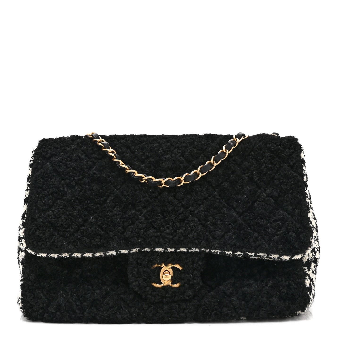 Shearling Tweed Jumbo Single Flap Black White