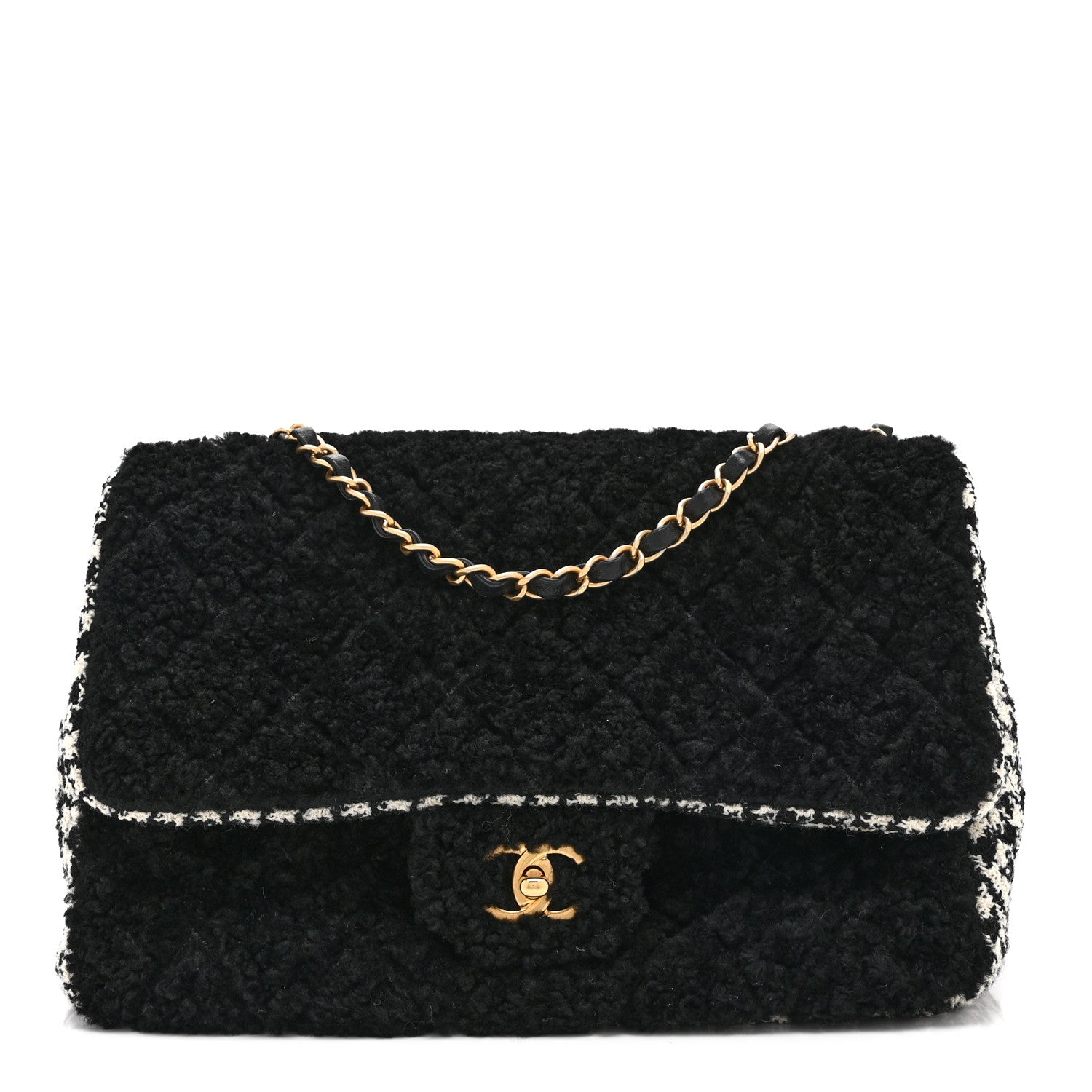 Chanel Shearling Tweed Jumbo Single Flap Black White 1 of 11