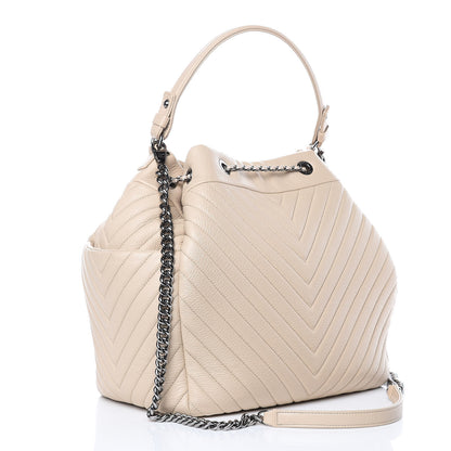 Chanel Deerskin Chevron Large CC Chain Bucket Drawstring Bag Beige 3 of 12