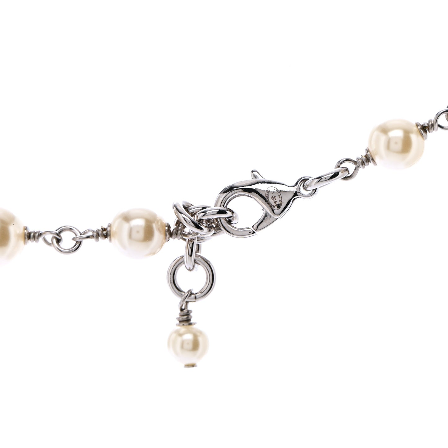 Graduated Pearl Crystal CC Long Necklace Silver