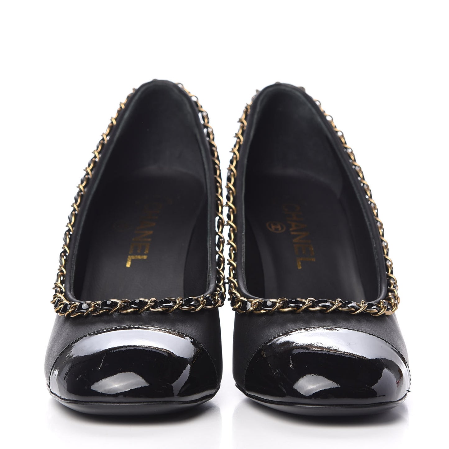 Calfskin Patent Calfskin Chain Cap Toe Pumps 36.5 Black