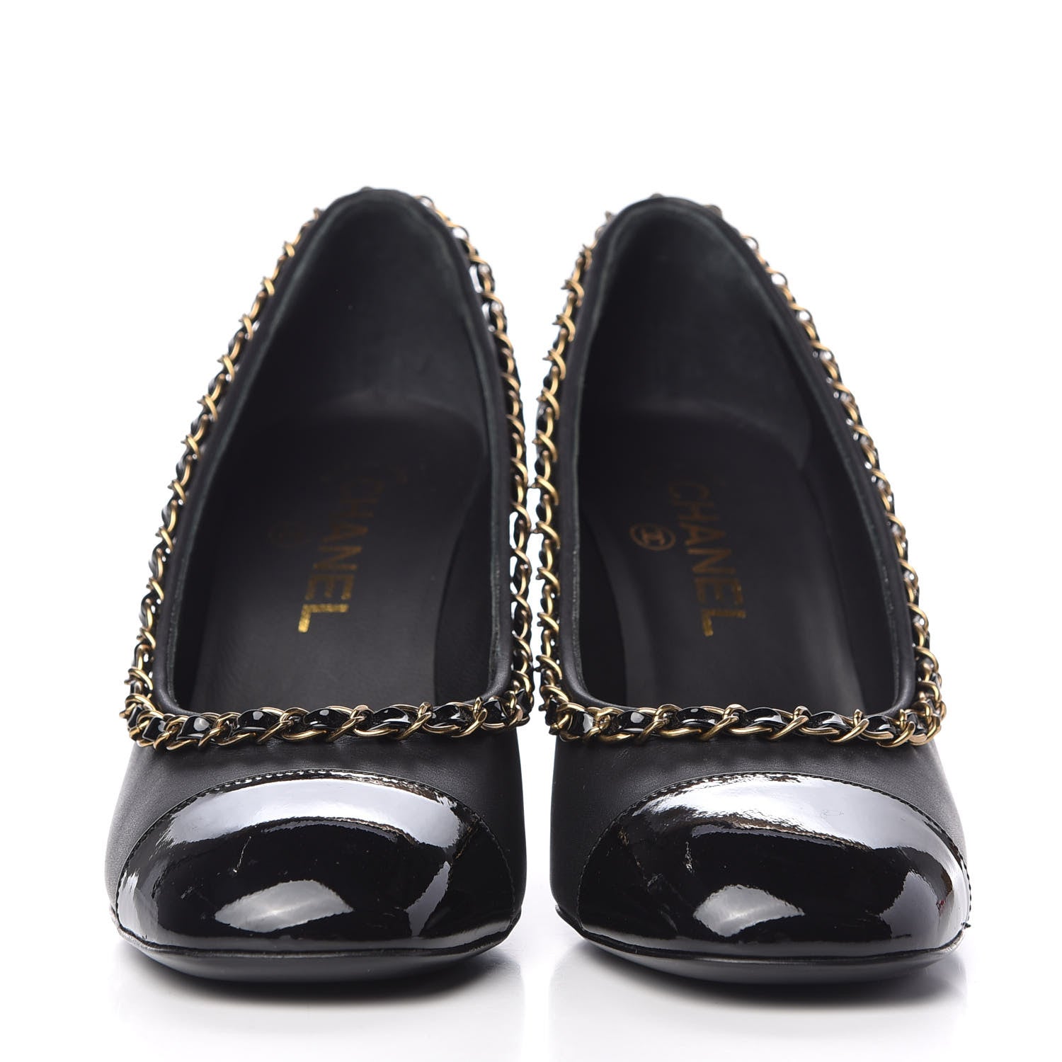 Chanel Calfskin Patent Calfskin Chain Cap Toe Pumps 36.5 Black 2 of 9