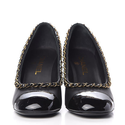 Chanel Calfskin Patent Calfskin Chain Cap Toe Pumps 36.5 Black 2 of 9
