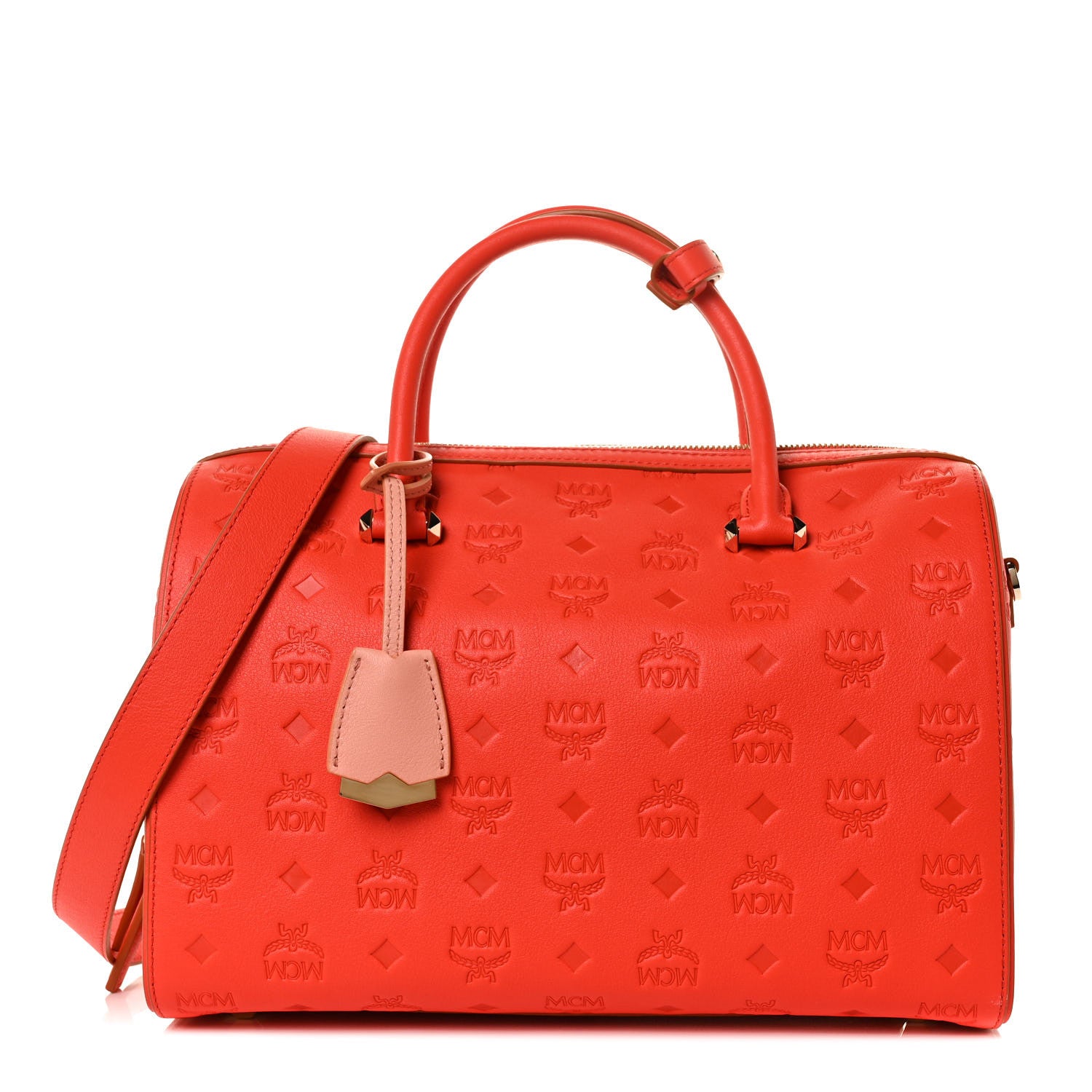 MCM Calfskin Monogram Essential Boston Bag Red 1 of 7