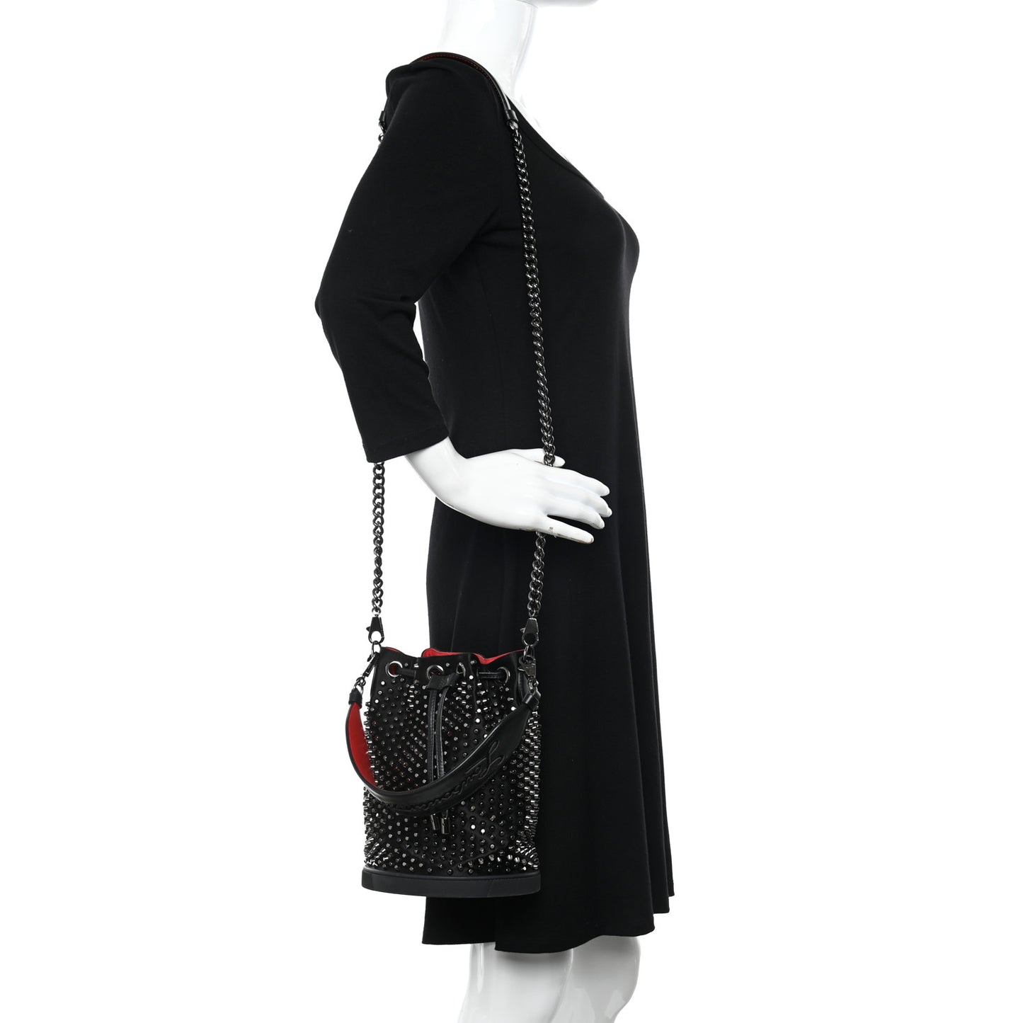 Silk Satin Calfskin Marie Jane Loubirun Studded Bucket Black