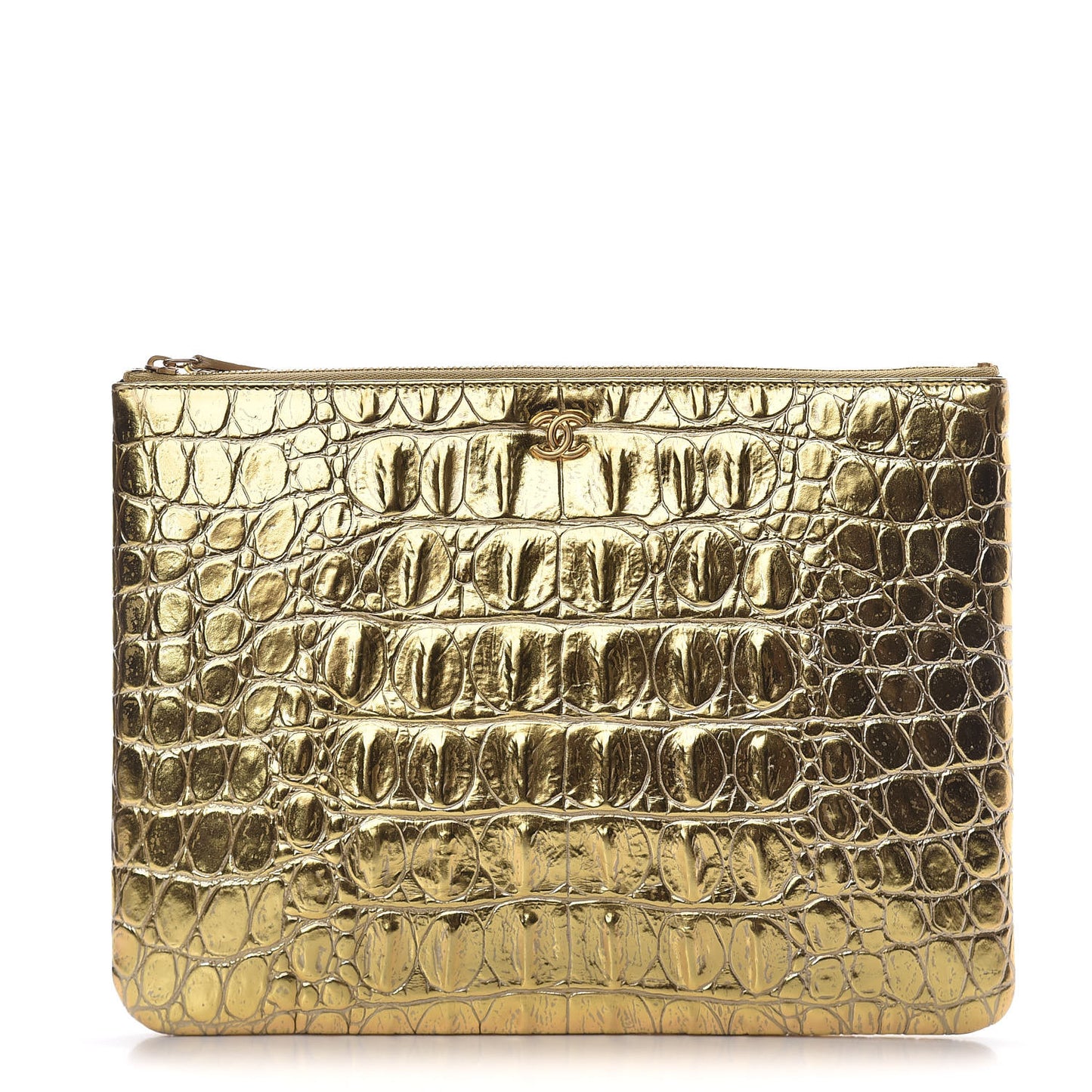 Metallic Calfskin Crocodile Embossed Medium Cocodile Cosmetic Case Gold