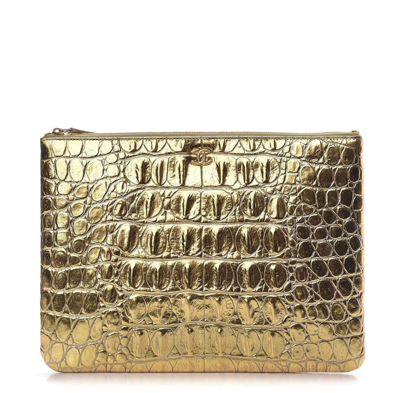 Chanel Metallic Calfskin Crocodile Embossed Medium Cocodile Cosmetic Case Gold 1 of 8