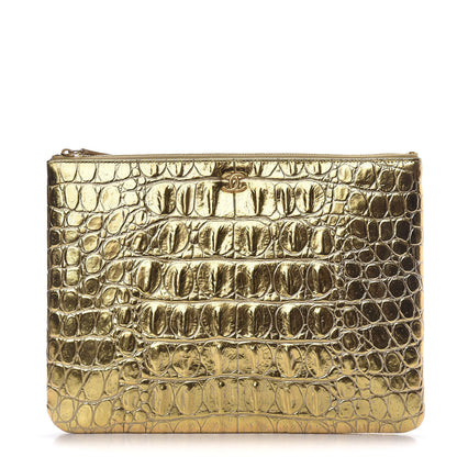 Chanel Metallic Calfskin Crocodile Embossed Medium Cocodile Cosmetic Case Gold 1 of 8