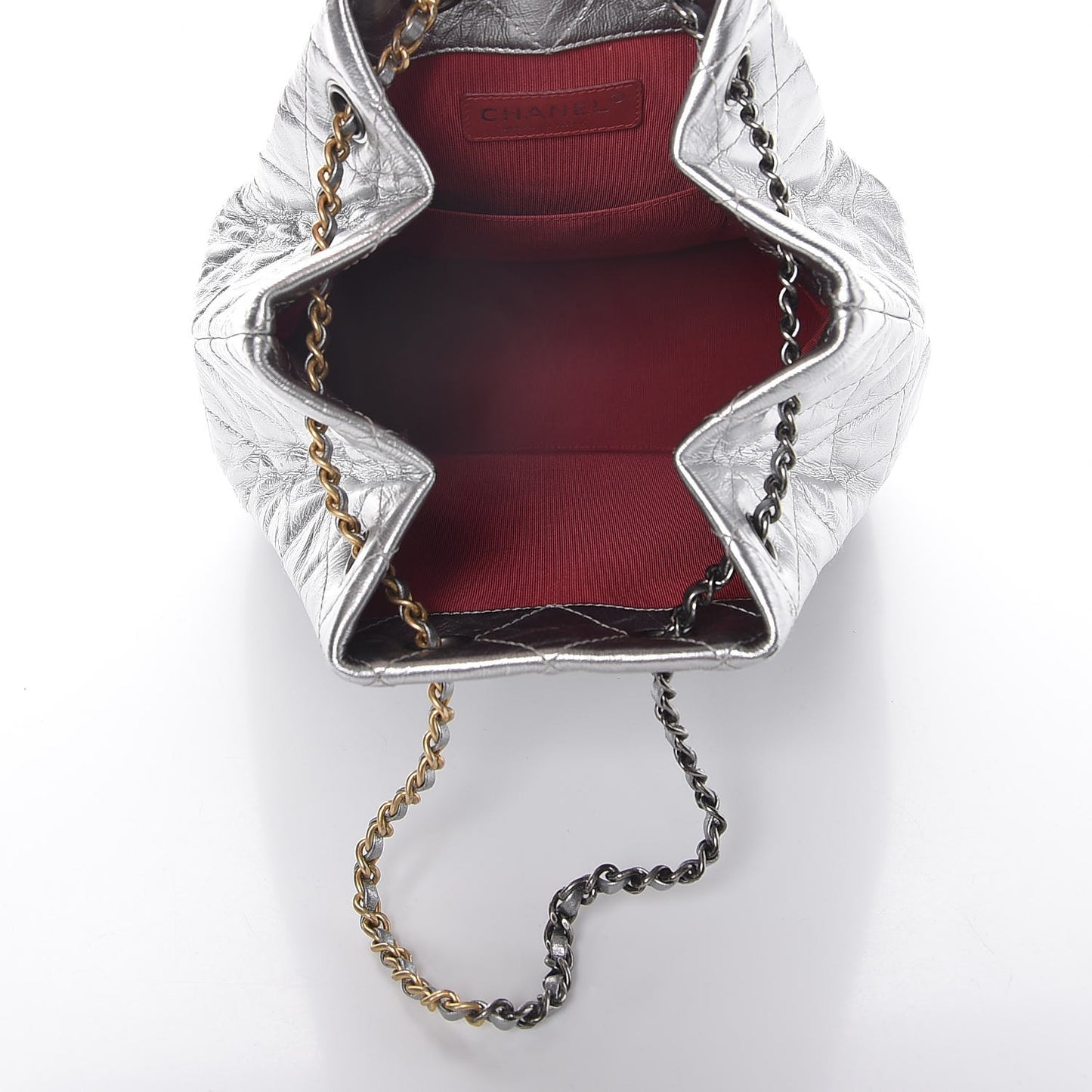 Metallic Crumpled Calfskin Quilted Gabrielle Backpack Silver