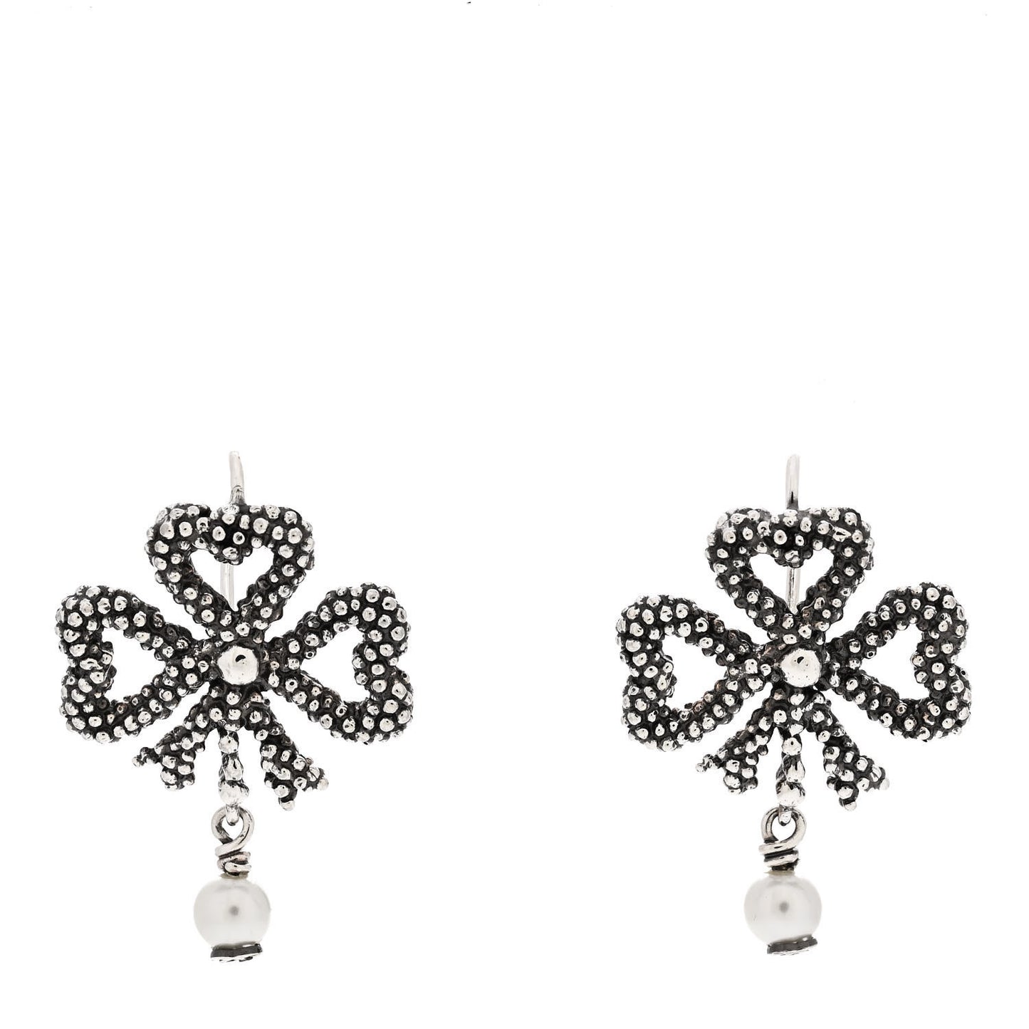 Sterling Silver Glass Pearl Heart Ribbon Earrings