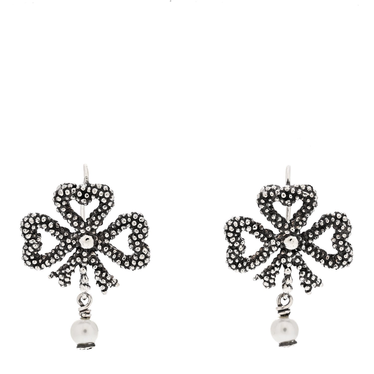 Gucci Sterling Silver Glass Pearl Heart Ribbon Earrings 1 of 5