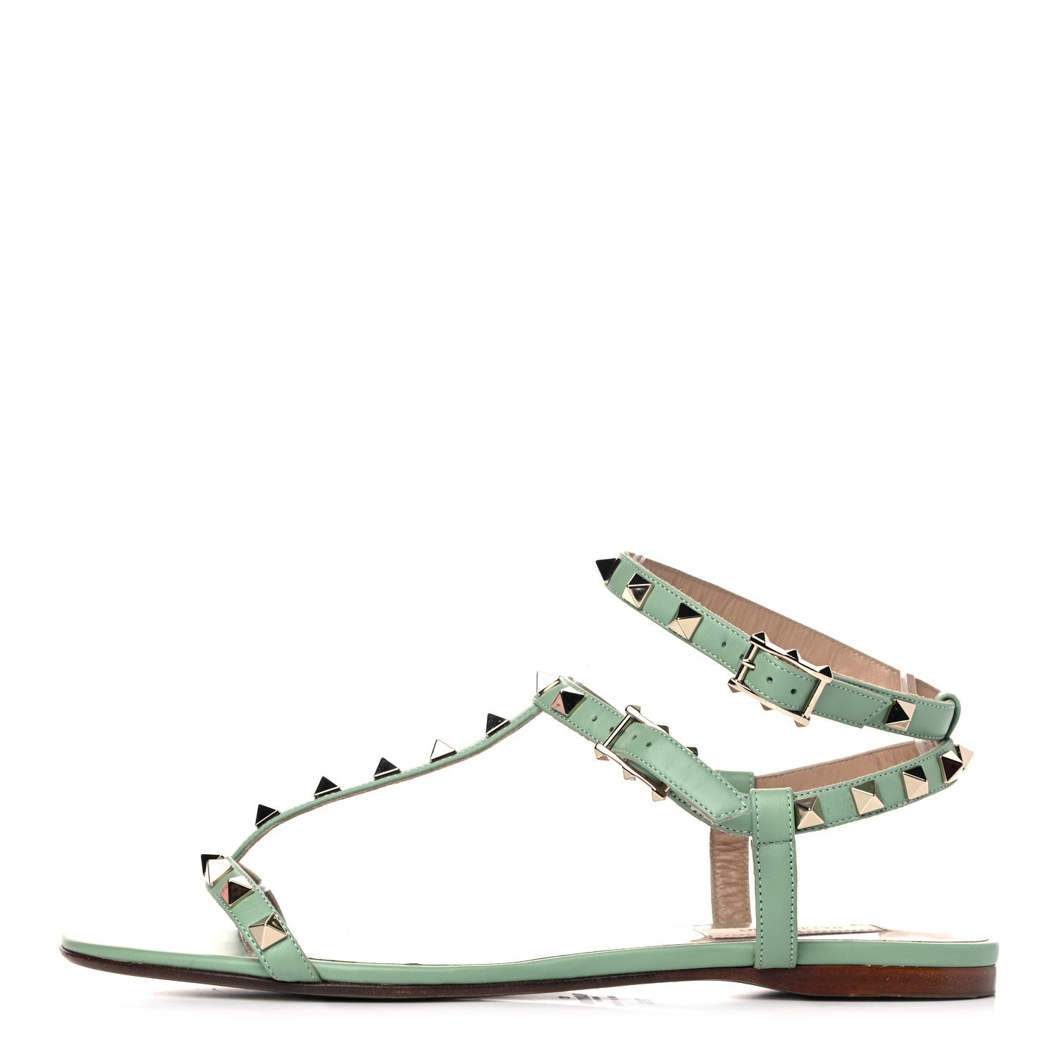 Valentino Garavani Calfskin Rockstud Ankle T-Strap Flat Sandals 39.5 Powder Green 1 of 13