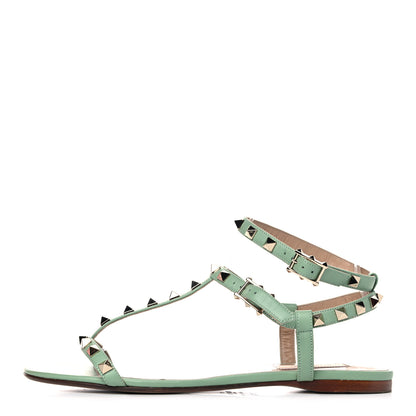 Valentino Garavani Calfskin Rockstud Ankle T-Strap Flat Sandals 39.5 Powder Green 1 of 13