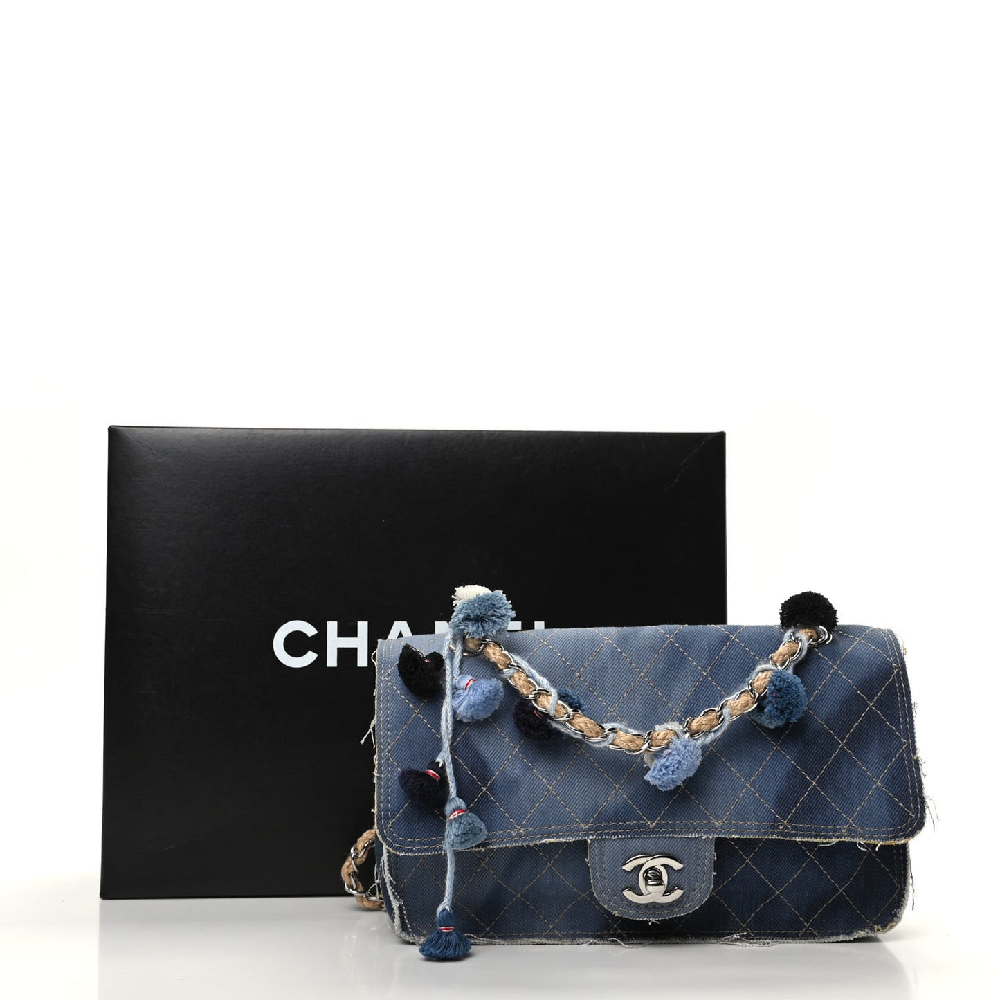Denim Quilted Medium Pompom Flap Dark Blue