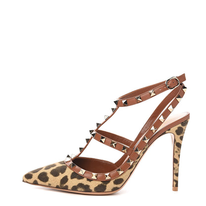 Valentino Garavani Canvas Leopard Print Rockstud Ankle Strap Pumps 39.5 Tan 1 of 9