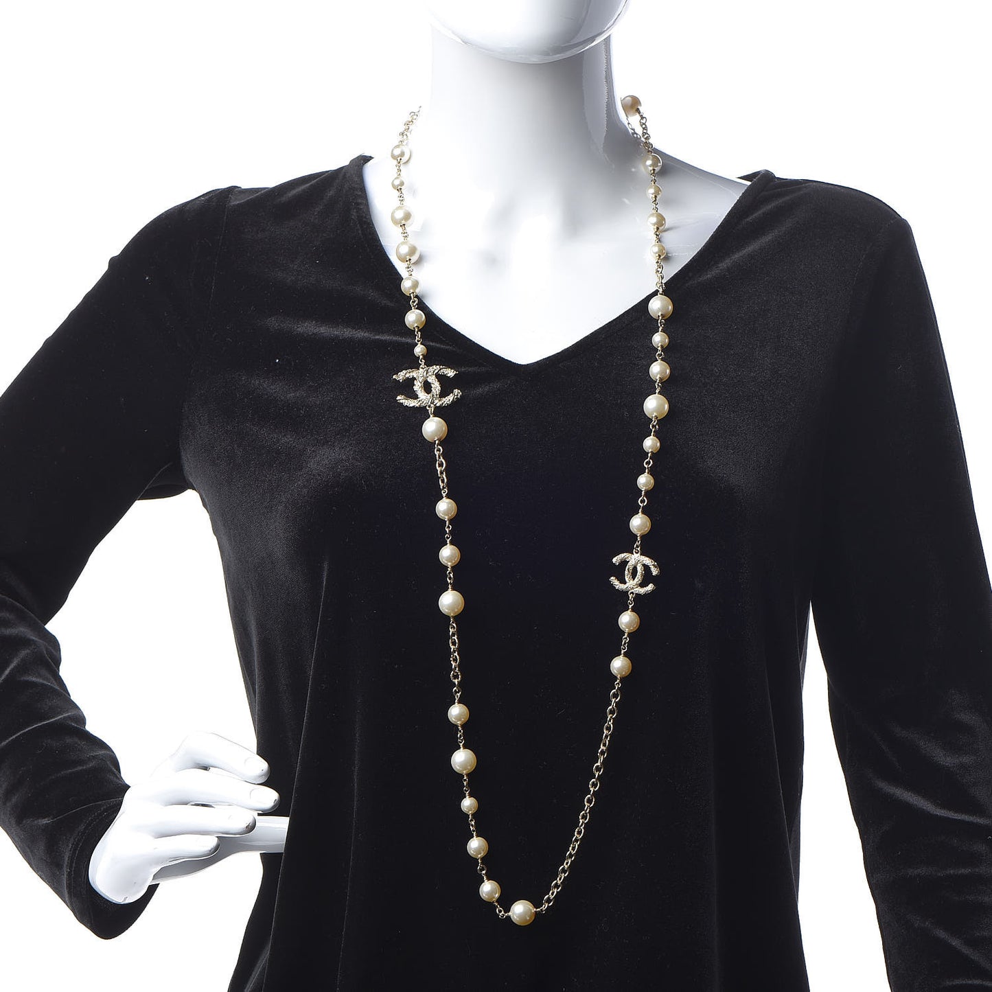 Pearl Crystal Twisted CC Long Necklace Gold