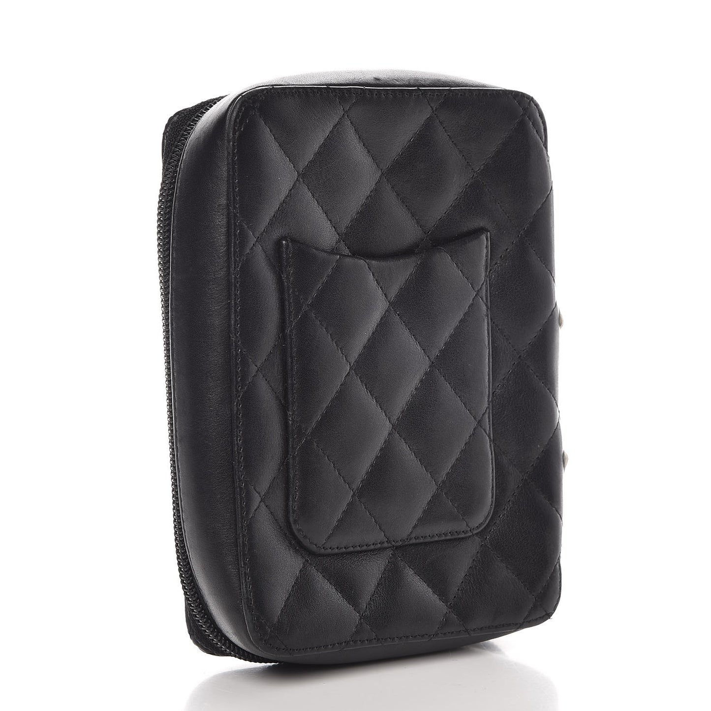 Calfskin Quilted Cambon Zip Around Makeup Pouch Black White