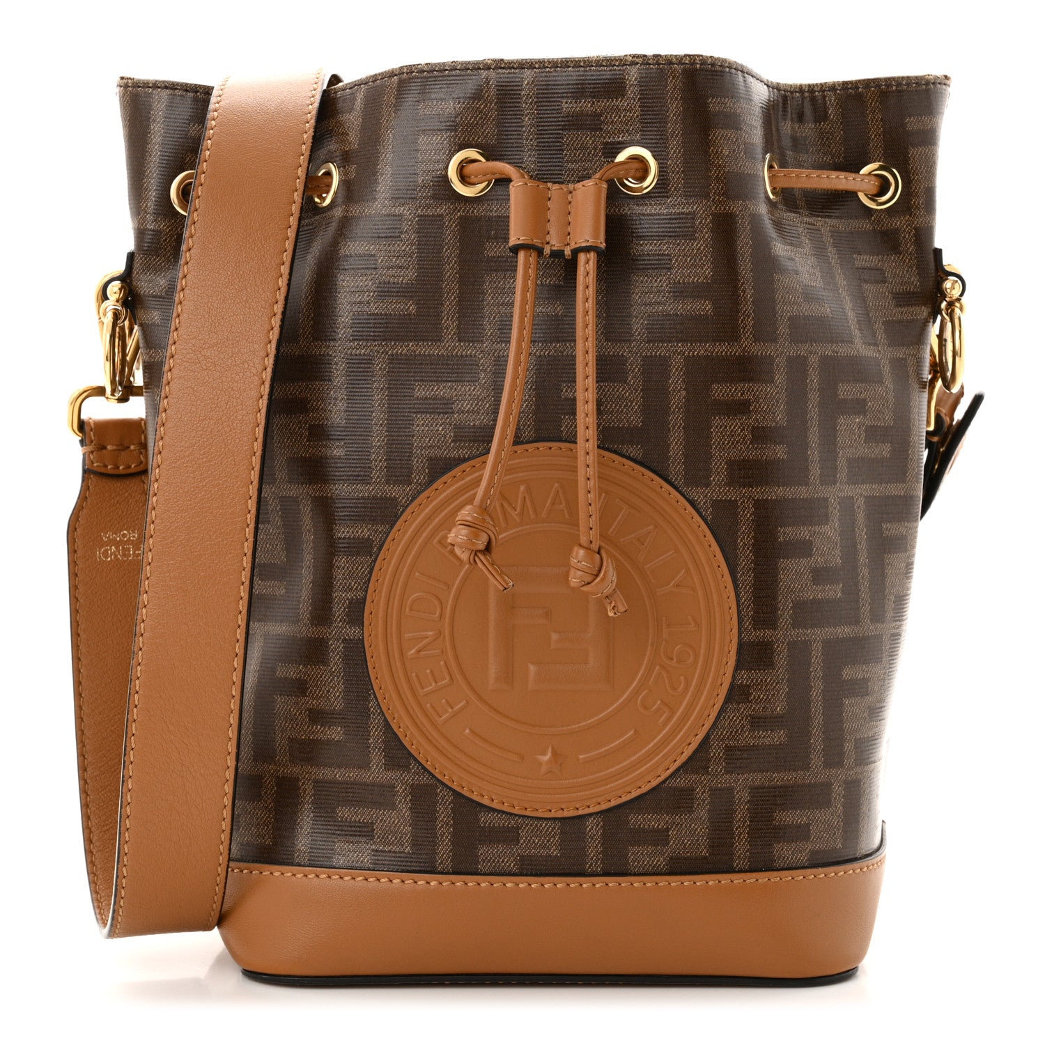 Fendi Glazed Fabric Vitello Grace F is Fendi FF 1974 Stamp Patch Grande Mon Tresor Bucket Bag Mogano Panna Nocciola 1 of 11