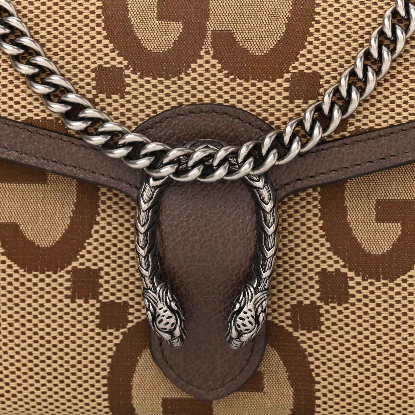 Monogram Jumbo GG Textured Dollar Calfskin Mini Dionysus Chain Wallet Camel Ebony New Acero
