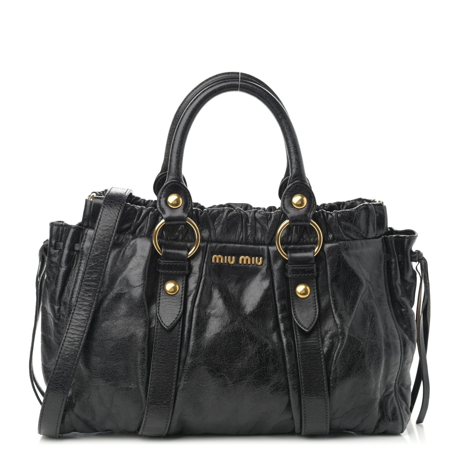 Miu Miu Vitello Lux Gathered Tote Black 1 of 12