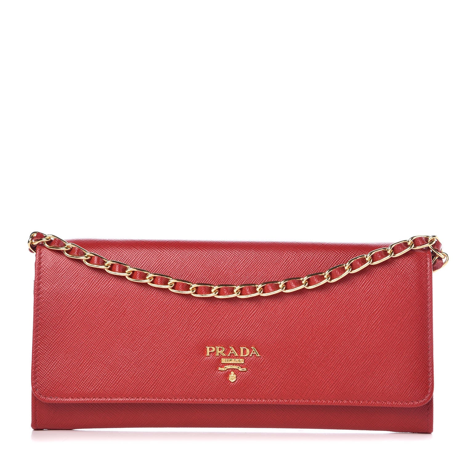 Prada Saffiano Metal Oro Chain Wallet Fuoco 1 of 8