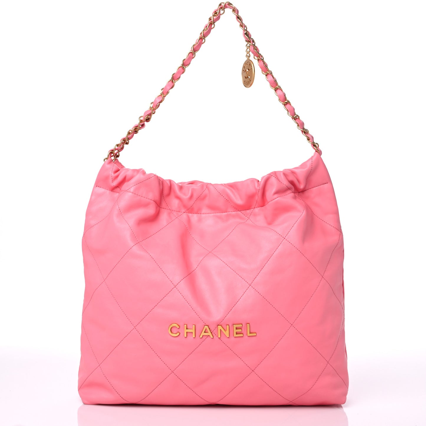 Shiny Calfskin Quilted Chanel 22 Drawstring Bag Coral Pink