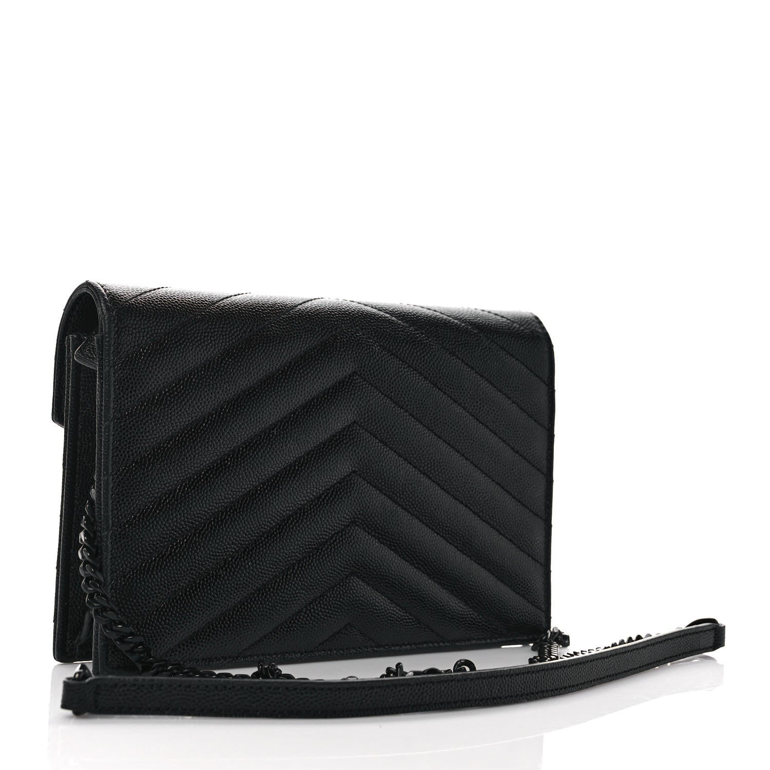 Saint Laurent Grain De Poudre Matelasse Chevron Monogram Monochrome Envelope Chain Wallet Black 3 of 9
