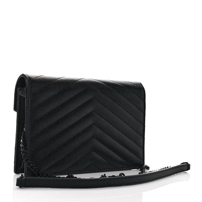 Saint Laurent Grain De Poudre Matelasse Chevron Monogram Monochrome Envelope Chain Wallet Black 3 of 9
