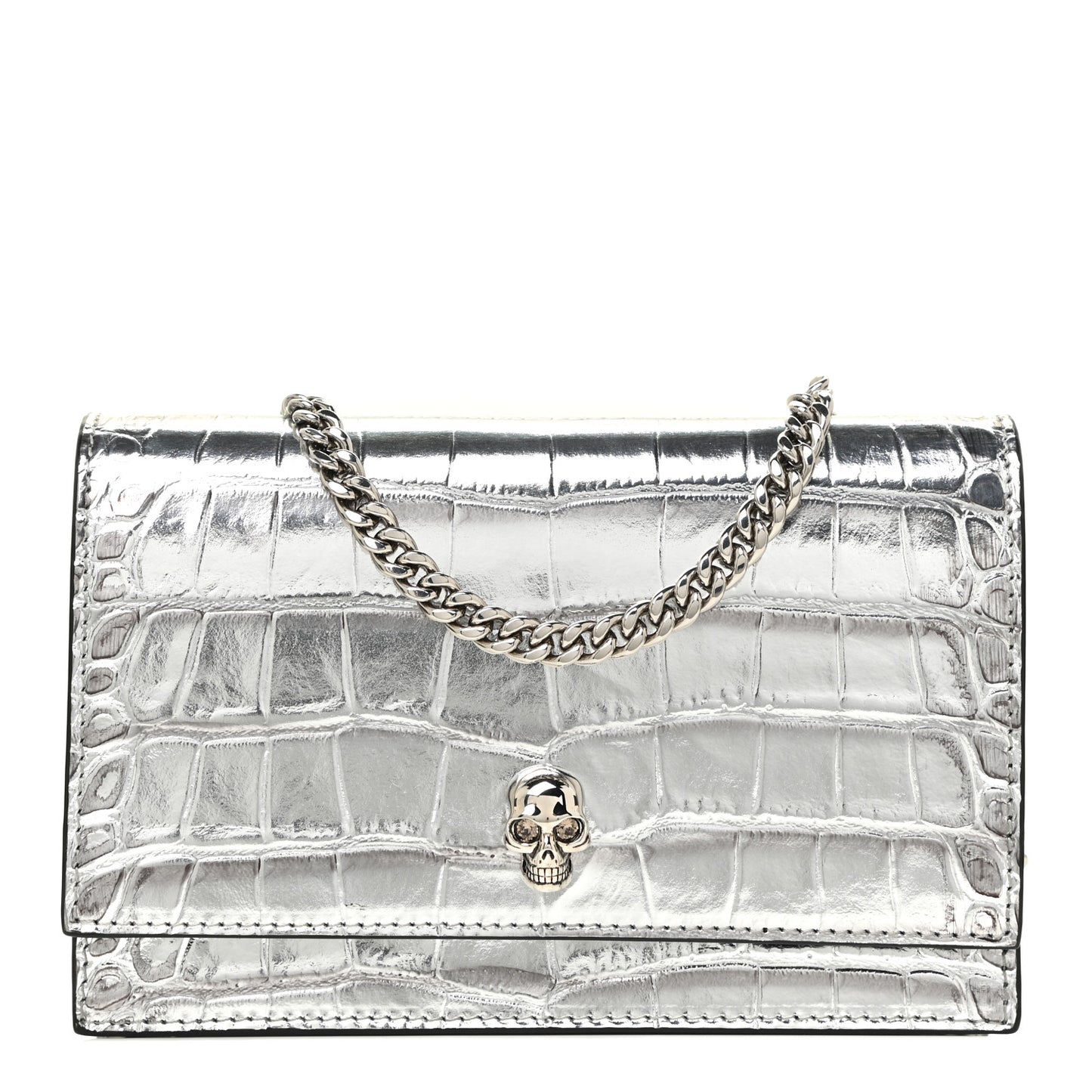 Metallic Calfskin Crocodile Embossed Skull Mini Shoulder Bag Silver