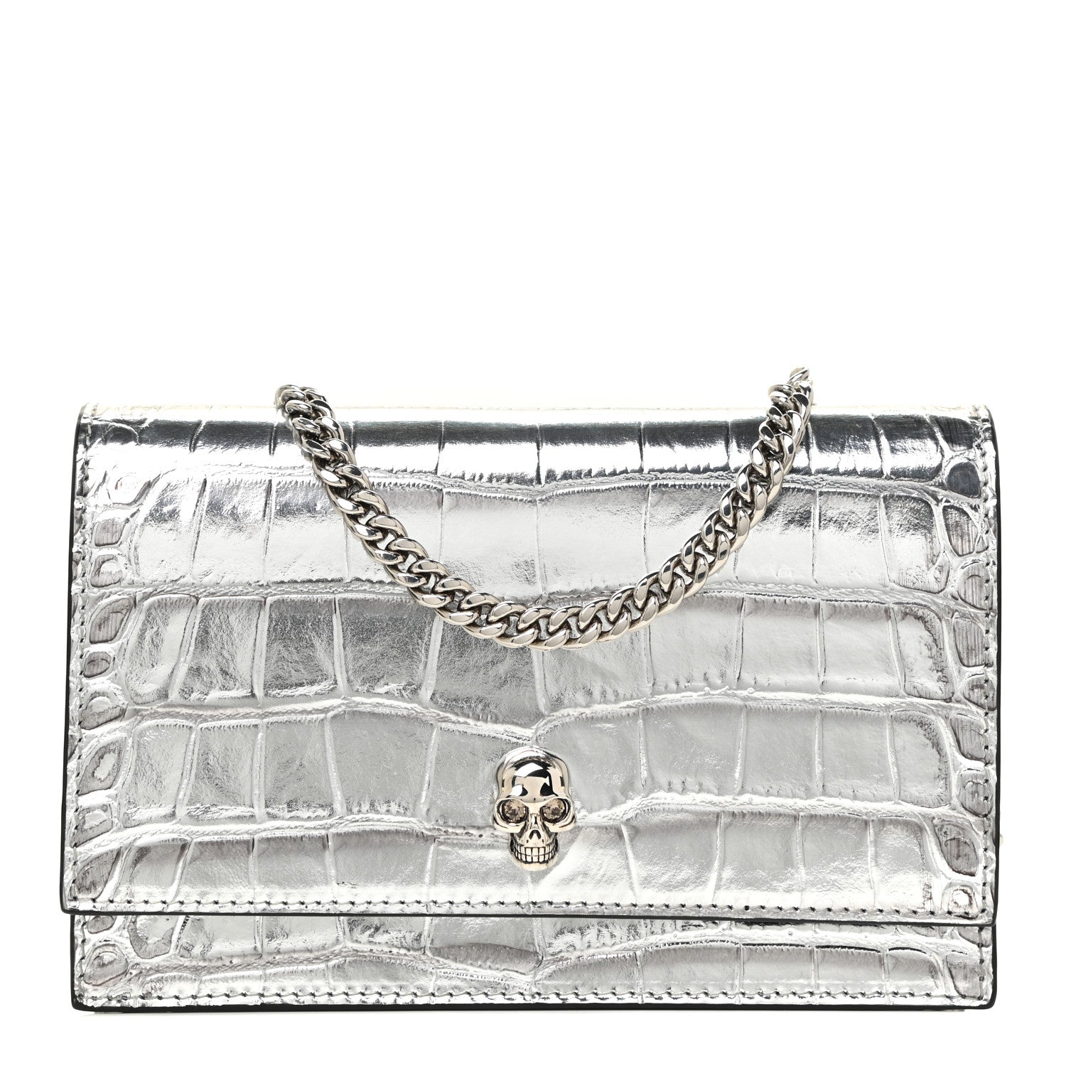 Alexander McQueen Metallic Calfskin Crocodile Embossed Skull Mini Shoulder Bag Silver 1 of 9