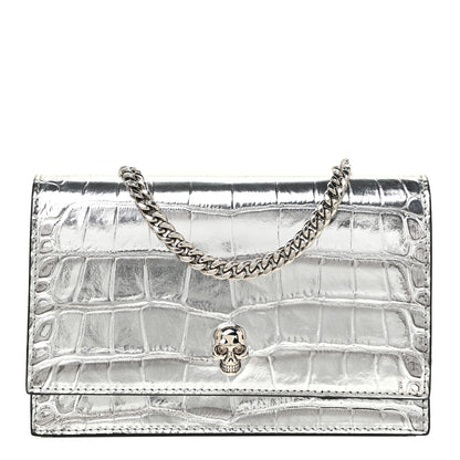 Alexander McQueen Metallic Calfskin Crocodile Embossed Skull Mini Shoulder Bag Silver 1 of 9