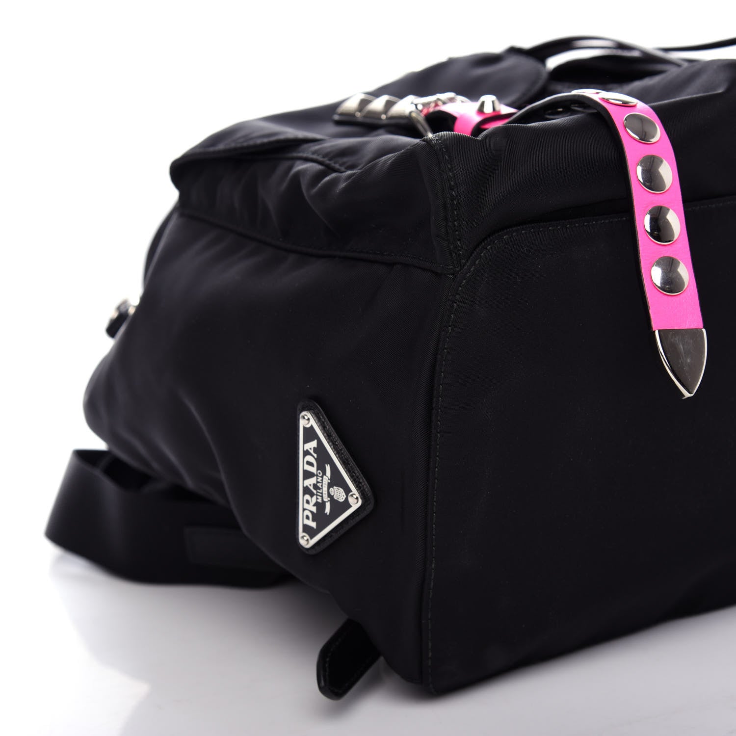Prada Nylon New Vela Studded Backpack Black Neon Pink 717776