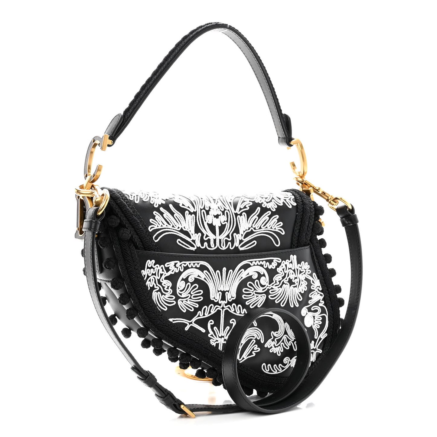 Calfskin Embroidered Saddle Bag Black White