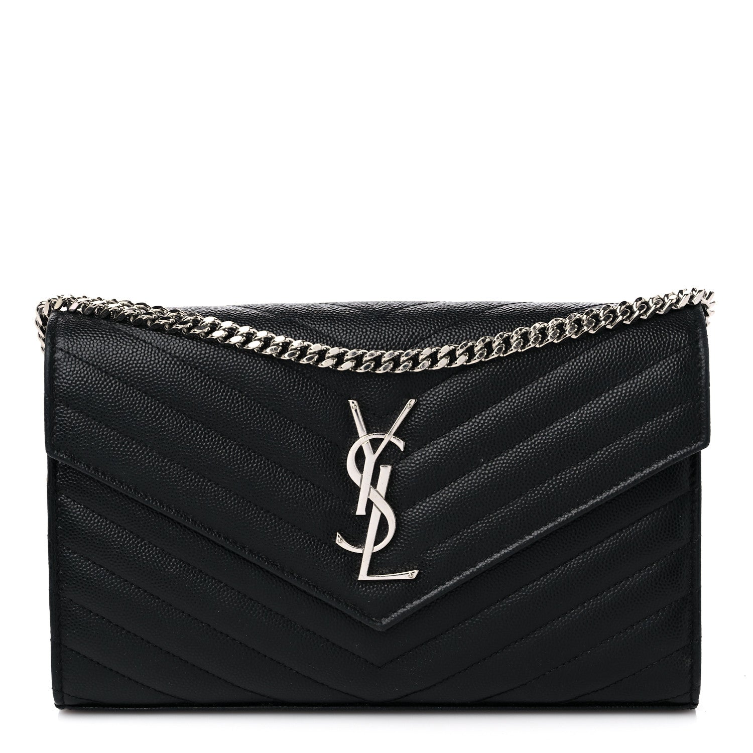Saint Laurent Grain De Poudre Matelasse Chevron Monogram Chain Wallet Black 1 of 12