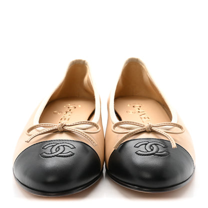 Chanel Lambskin Cap Toe CC Ballerina Flats 38.5 Beige Black 3 of 10