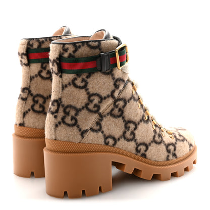 Gucci Covered Wool Big GG Monogram Womens Lace Up Combat Ankle Boots 36 Beige Ebony Cocoa 5 of 10