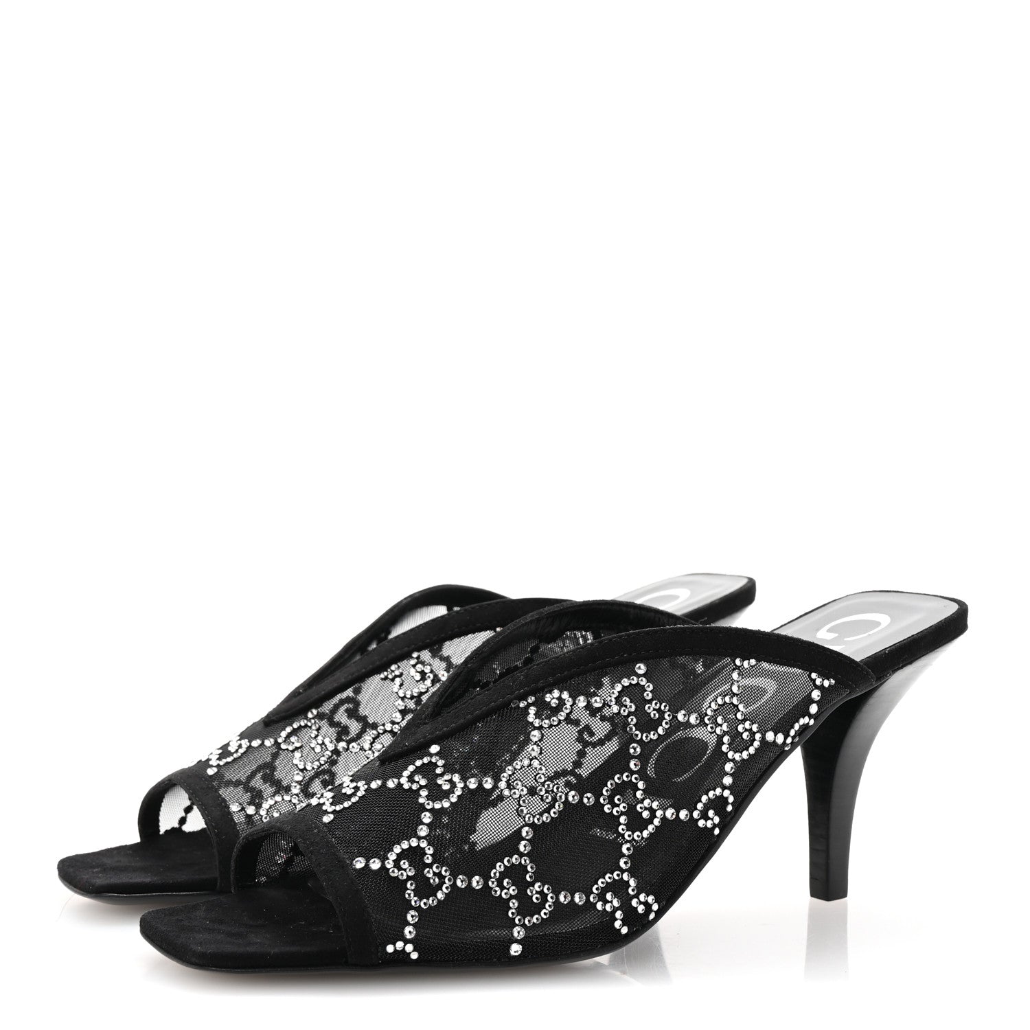 Gucci Tela Retino Kid Scamosciato Crystal GG Monogram Square G 95mm Slide Sandals 37.5 Black 4 of 9