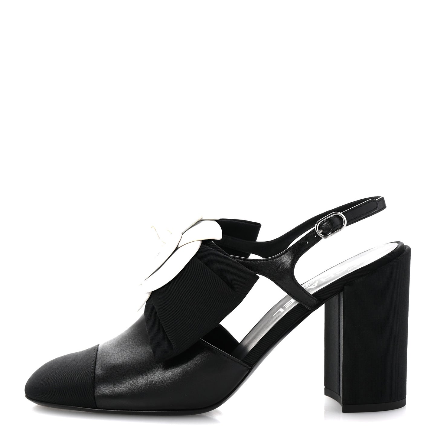 Lambskin Grosgrain Cap Toe Camellia Bow Slingback Pumps 40 Black