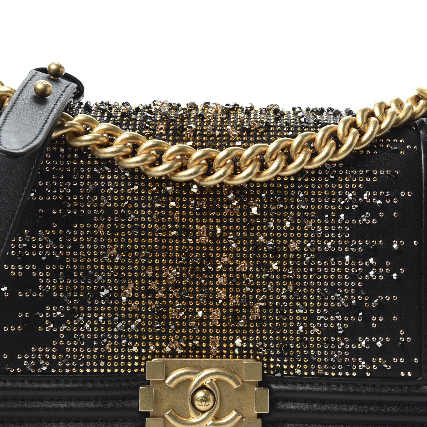 Calfskin Strass Studded Medium Boy Flap Black Gold