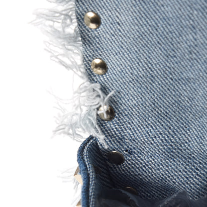 Valentino Garavani Denim Fringe Maxi Rockstud Spike Shoulder Bag Blue 10 of 11