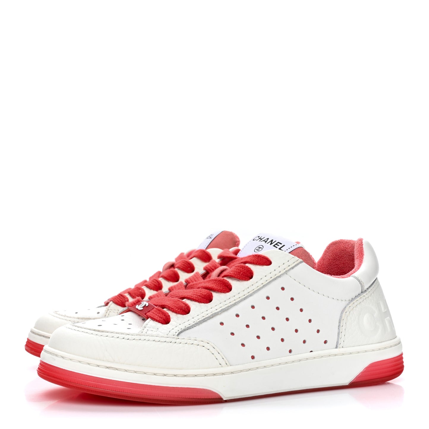 Grained Calfskin Fabric Womens Logo Sneakers 35 White Red