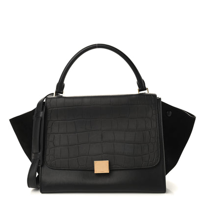 Celine Crocodile Embossed Calfskin Suede Medium Trapeze Black 1 of 10